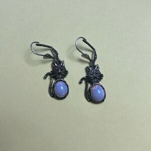 Antique sterling silver cat earrings with opal belly